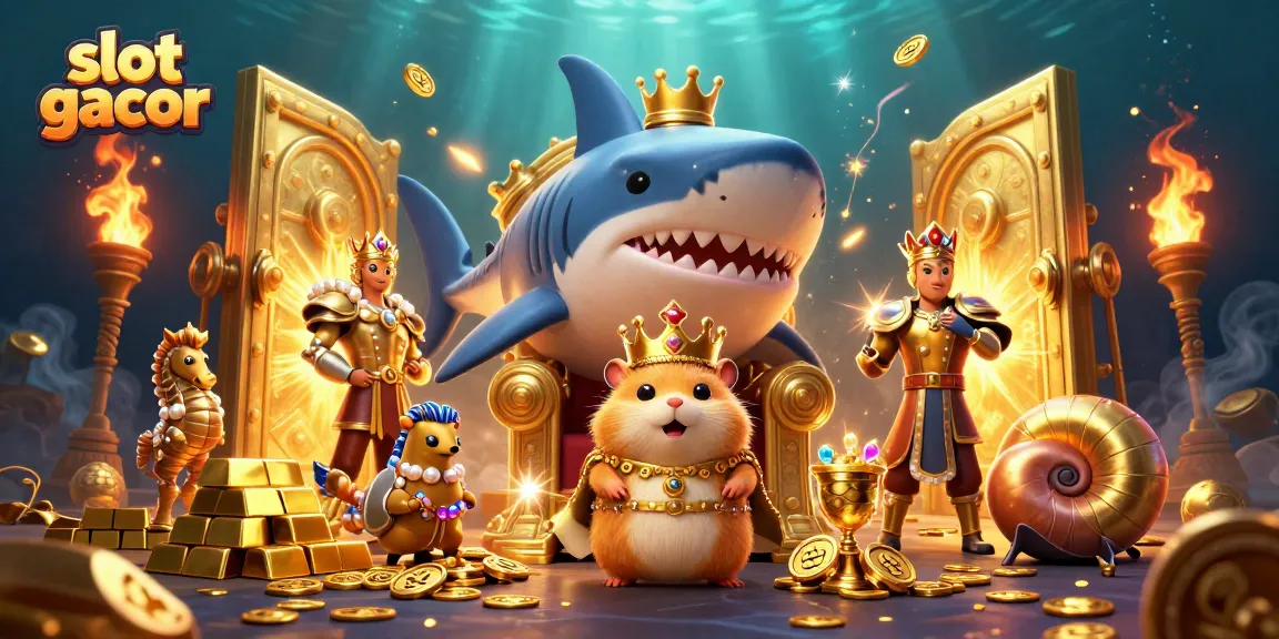 Menangkan slot gacor dengan raja hamster emas bermahkotakan koral dikelilingi harta karun