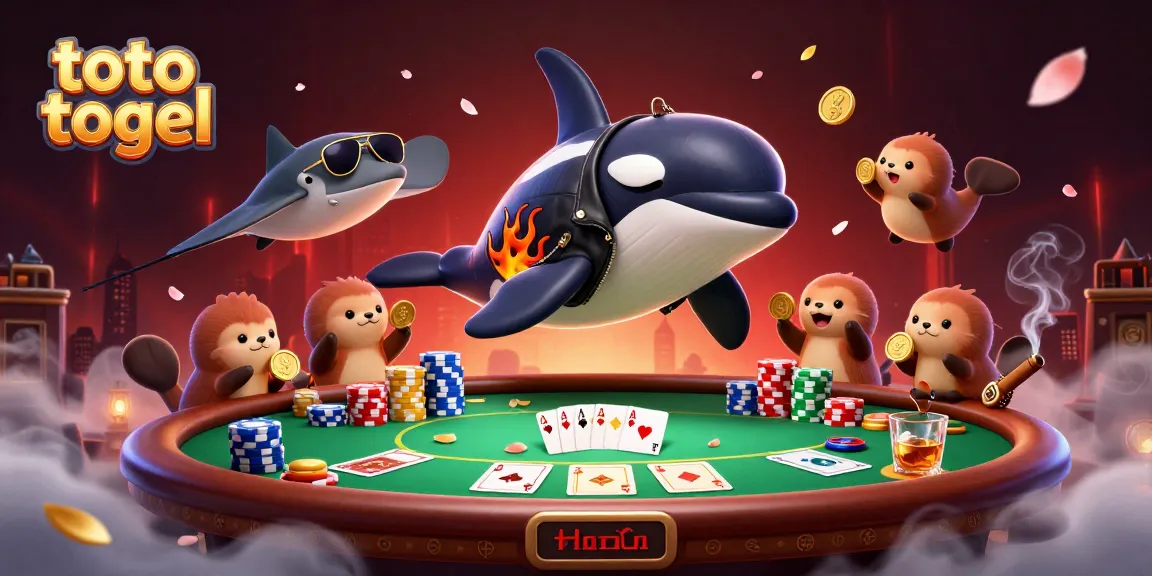 Gambar toto togel menampilkan orca keren dan otter membawa koin, menciptakan suasana kasino yang meriah.