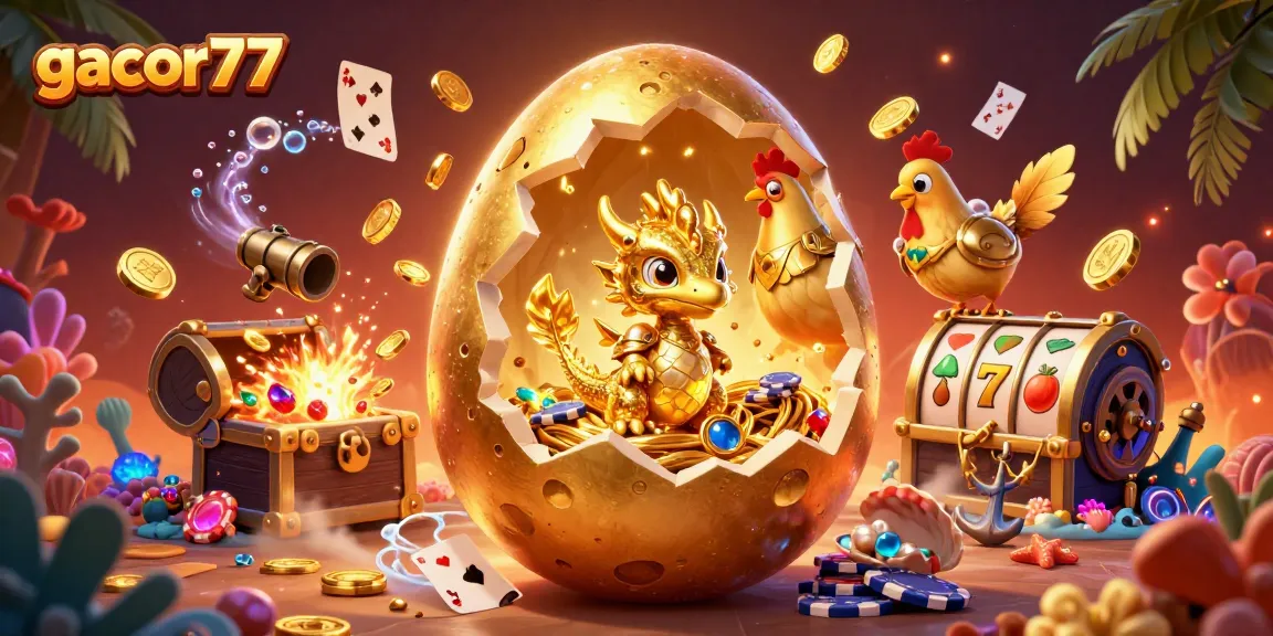 Gacor77 menampilkan ilustrasi kasino dengan naga emas di atas chip poker menciptakan atmosfer judi yang beruntung.