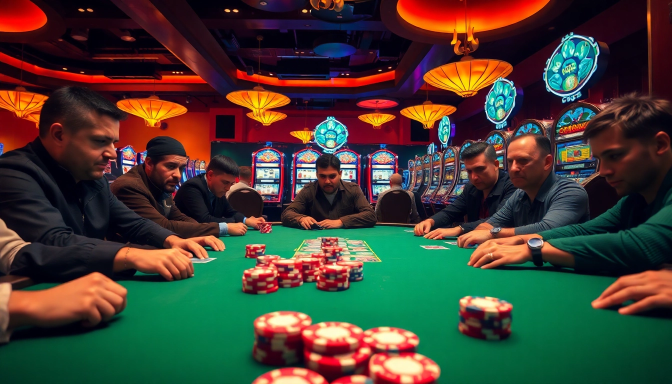 Permainan poker menarik pada meja dengan oja89, menampilkan suasana kasino yang menyenangkan.