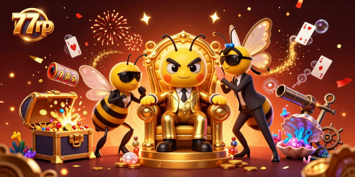 Experience thrilling gaming action at 77rp with vibrant visuals and exciting slot elements in a 3D illustration.