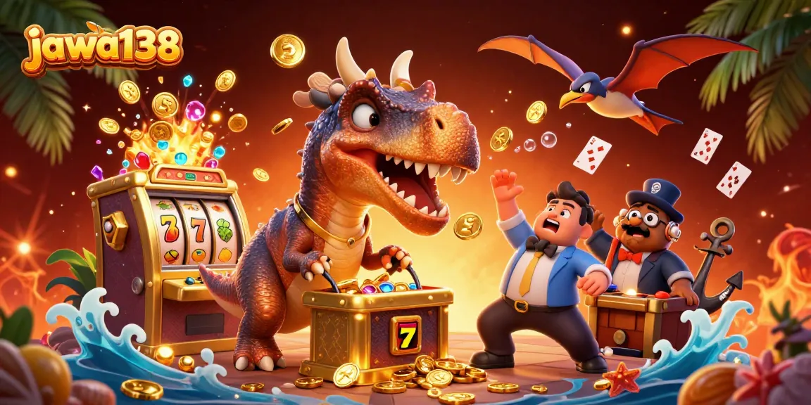 jawa138 jackpot celebration with a dino headbutting a slot machine amidst flying coins