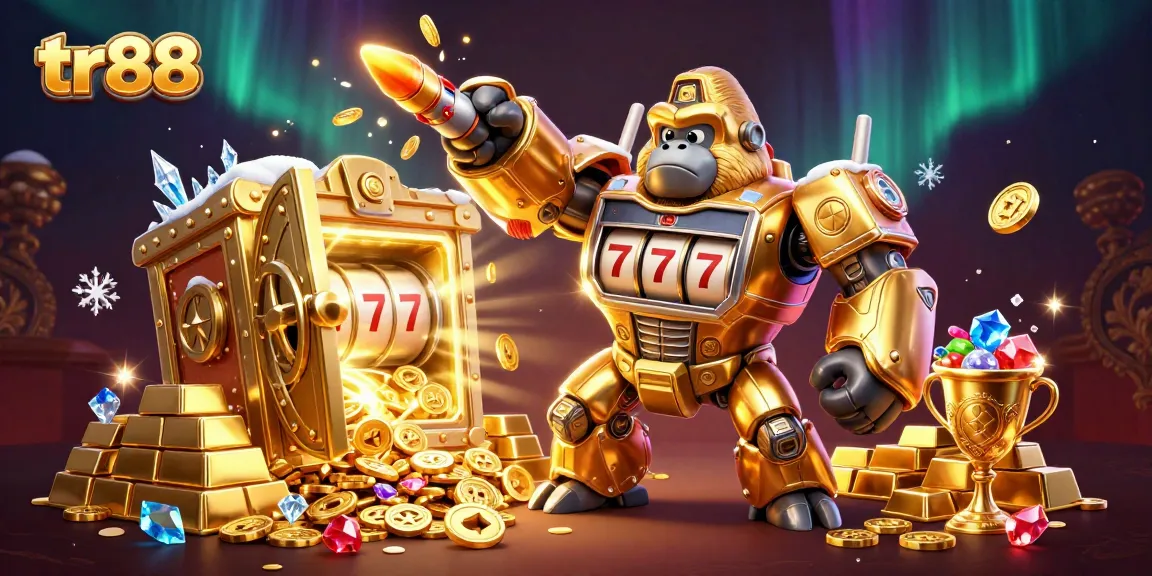 tr88 showcases a golden gorilla mech with slot machine parts, bursting with coins, in a vibrant casino setting.