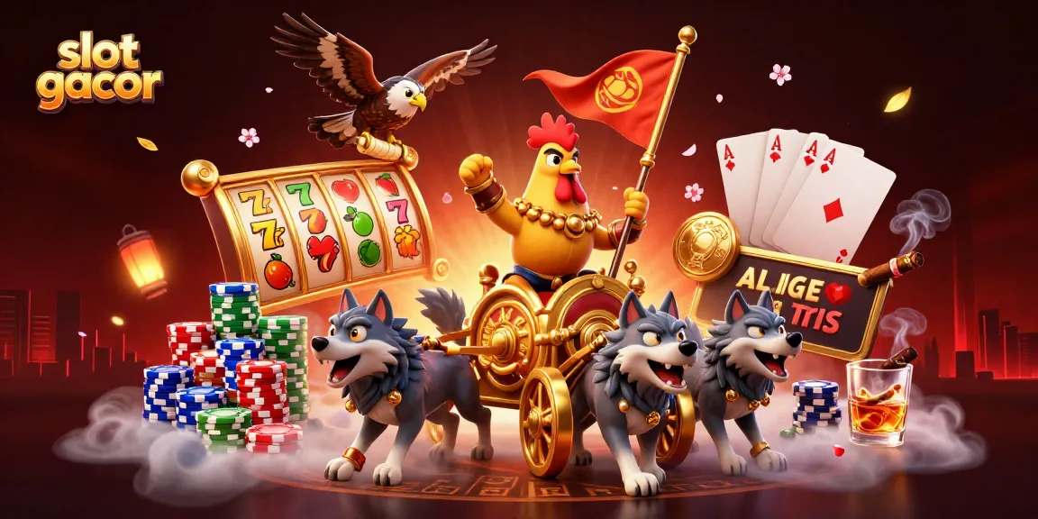 Slot gacor memenuhi meja permainan, dengan simbol buah dan keberuntungan di sekelilingnya.