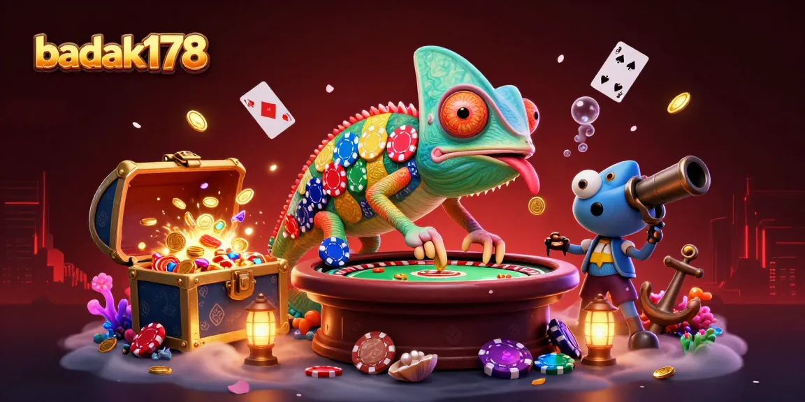 Engaging scene featuring chameleon casino owner and game elements promoting badak178 gaming.