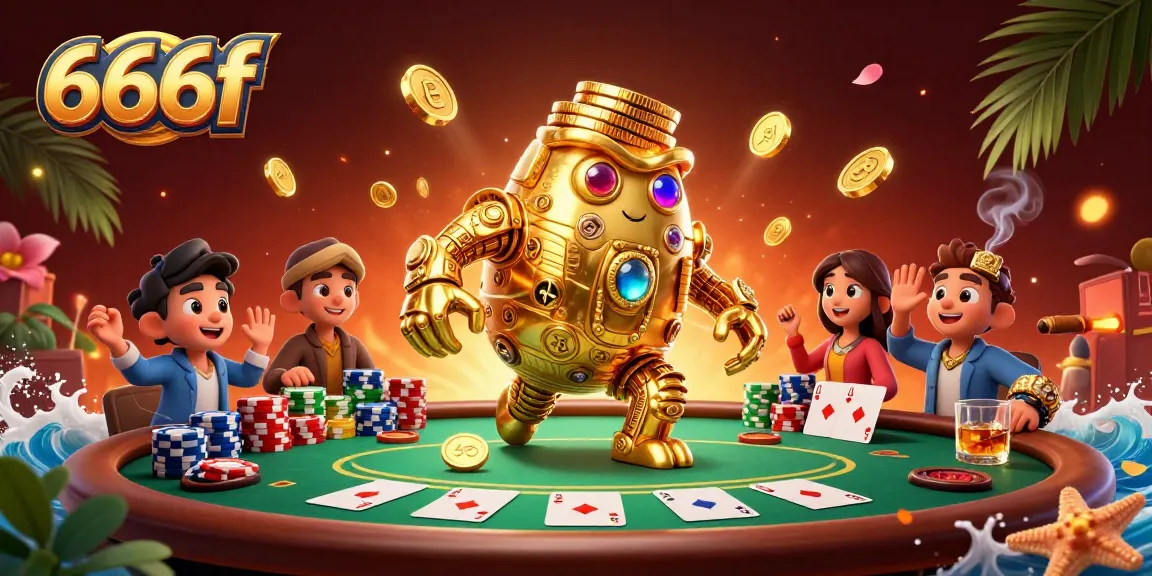 Engage with exciting games at 666f featuring a dynamic golden golem and poker table elements.