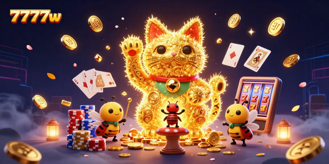 Win big with 7777w's vibrant gaming experience in this engaging illustration featuring dynamic casino elements.