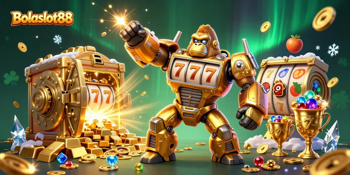 Bolaslot88 showcases a dynamic 3D scene with a golden gorilla mech and slot machine elements amidst riches.