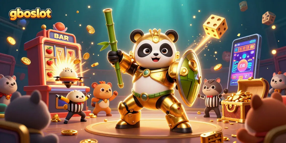 Menggenggam kesempatan menang di gboslot dengan slot mesin 3D dan karakter panda berperang.