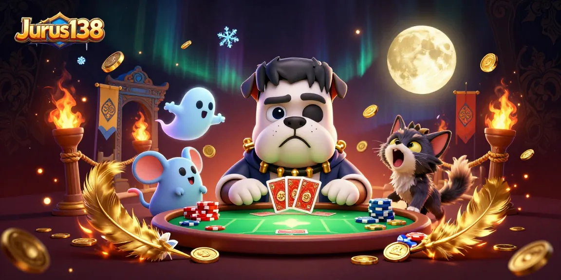 Experience thrilling card games at Jurus138 with a ghostly twist in this vibrant Halloween-themed casino illustration.