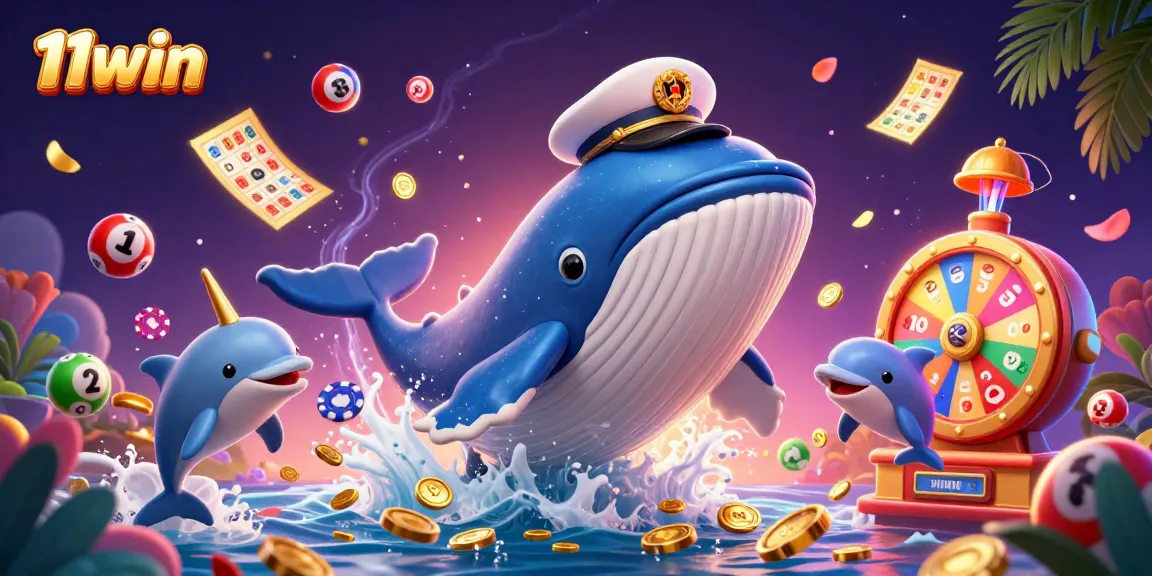 Win exciting prizes with 11win's dynamic 3D casino illustration showcasing a whale, narwhal, and dolphins.